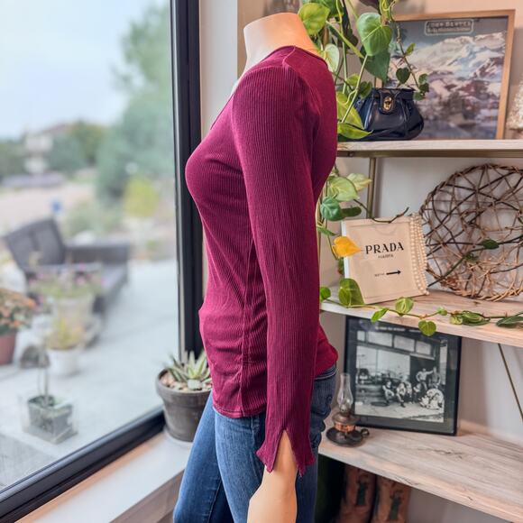 Democracy, Mulberry Ribbed Knit Criss Cross Neckline Long Sleeve Top, Medium - Picture 4 of 8